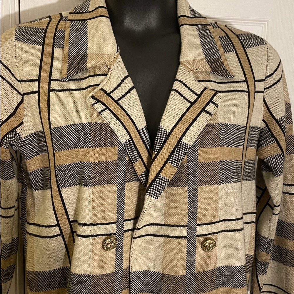 Anne Klein Ivory Tan Black Plaid Double-Breasted Sweater Coat 1X